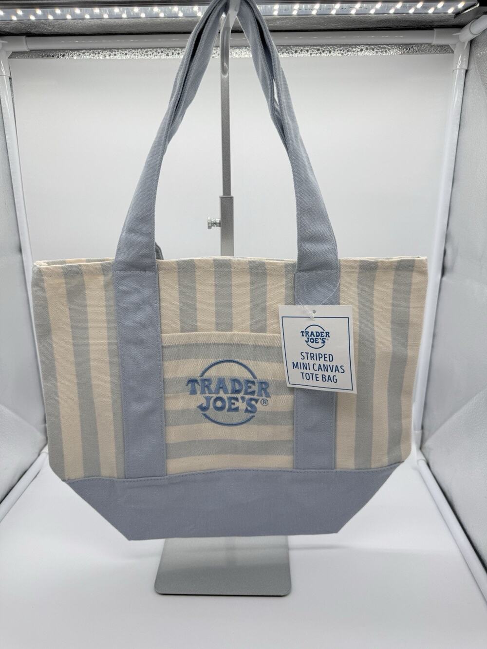 Trader Joe’s Mini Canvas Tote Bag Pastel Blue Stripe Limited Edition NEW